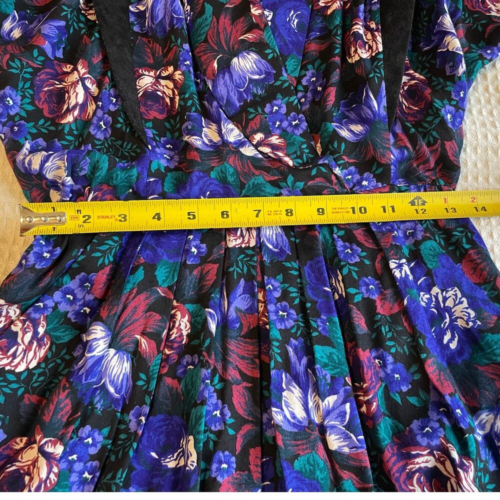 VTG 80's 90's Blue & Purple Floral Grandma Core V Neck Retro Long Sleeve Dress 4 - Picture 6 of 14